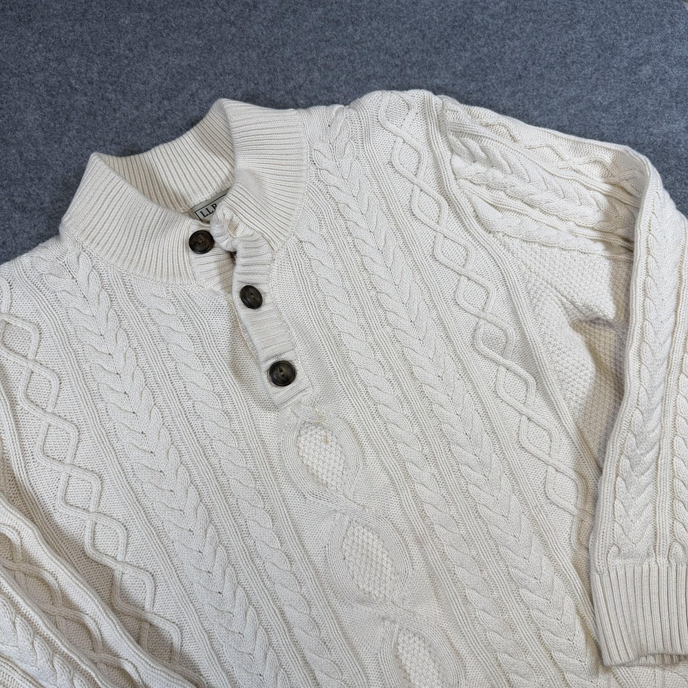 L.L.Bean Sweater Mens Large White Cable Knit Mock Neck Henley Organic Cotton